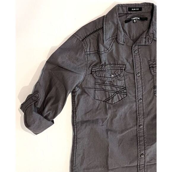 Carbon Slim Fit Western Snap Pockets Charcoal Gray Tab Sleeve Shirt MEDIUM Gray - Picture 4 of 11